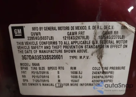 2003 Pontiac Aztek из США, поврежденный, VIN 3G7DA03E33S520601